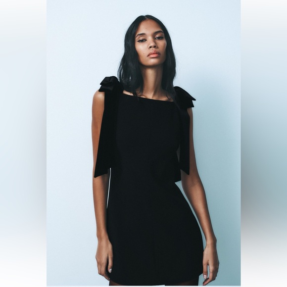 Zara VELVET BOWS DRESS Black - Picture 7 of 10